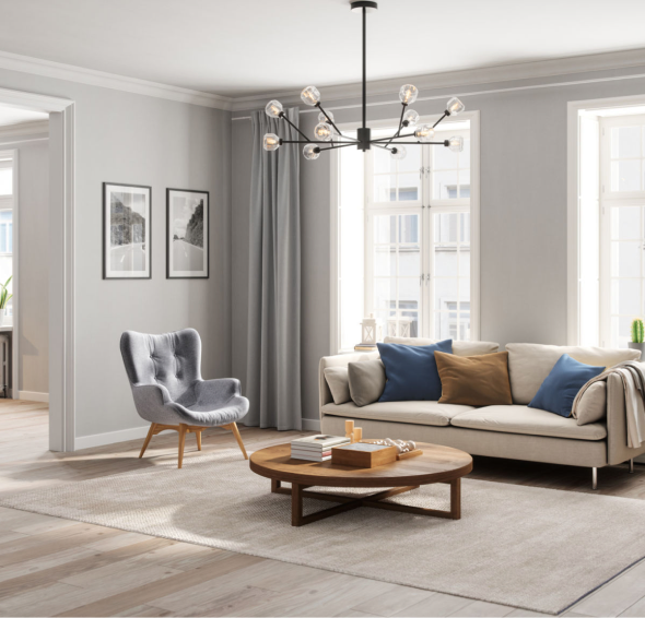 Stylish interior design with chandelier lighting